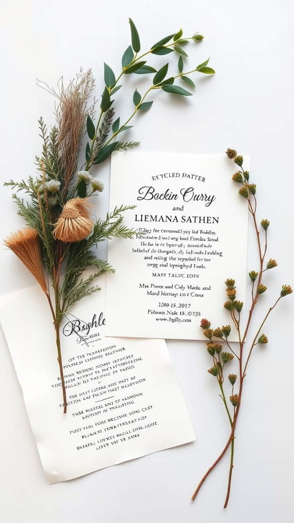 Rustic wedding invitations on recycled paper with floral elements