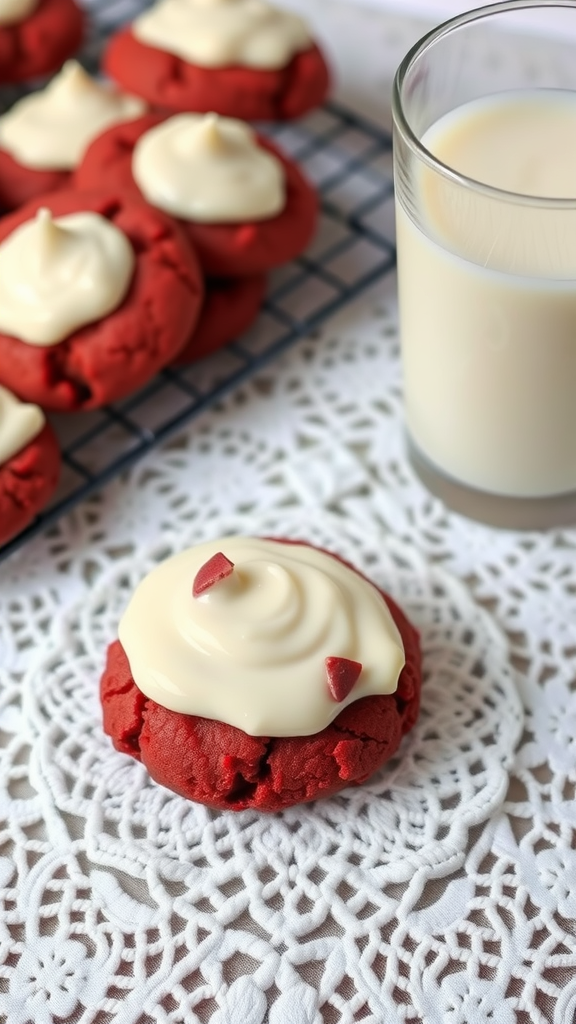 Delicious red velvet cookies with cream frosting and a glass of milk on a lace doily.