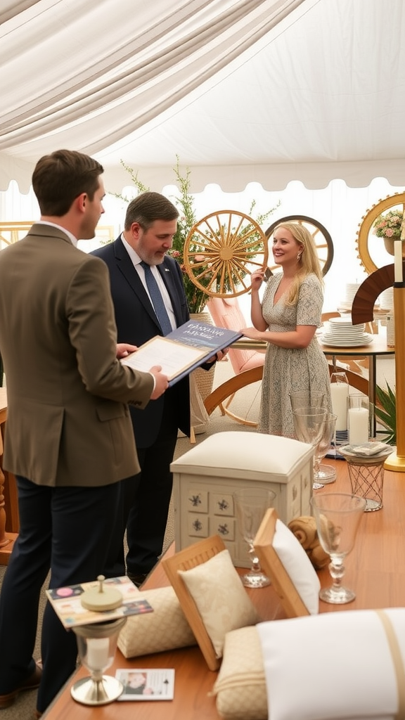 A man speaking with two women in a wedding tent setting.