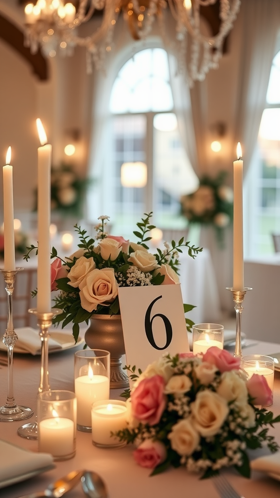 A beautifully arranged wedding table with candlelit decorations and floral centerpieces.