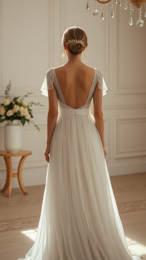 Back view of a romantic chiffon wedding dress with cap sleeves