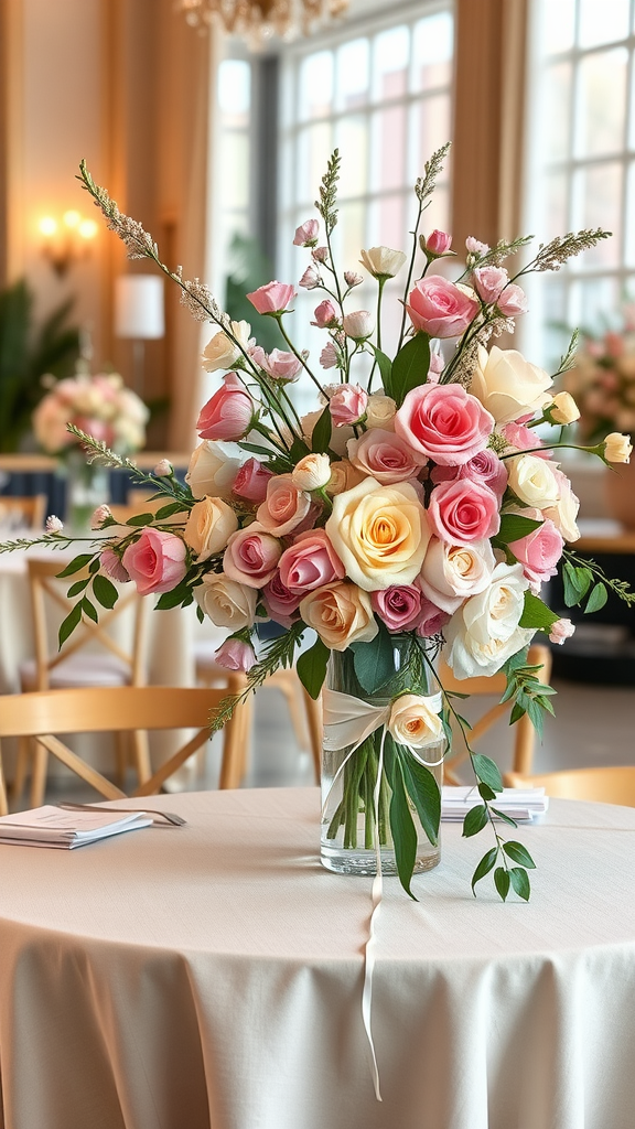 A romantic floral arrangement featuring pink and white roses in a clear vase, placed on a wedding table.