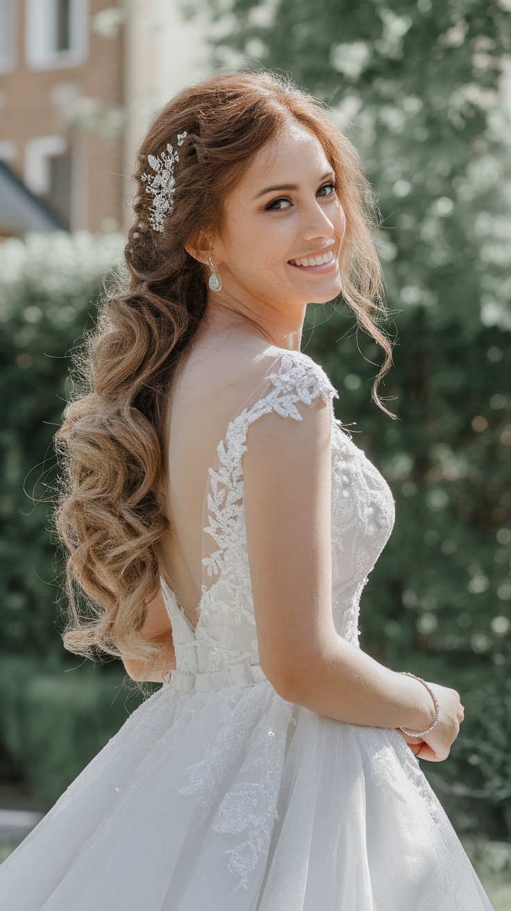 A bride showcasing a romantic half-up half-down hairstyle with soft curls and elegant accessories.