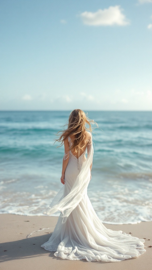 A bride with loose waves standing on the beach, wearing a flowing wedding gown.