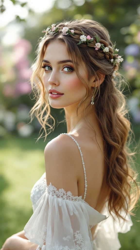 A bride with loose waves and a braided crown adorned with flowers.