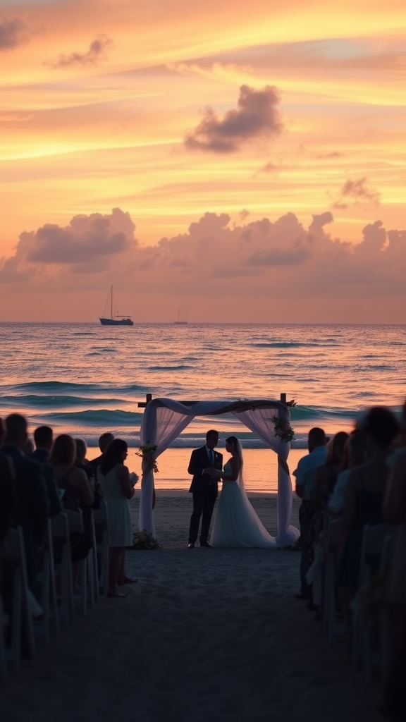 A couple stands under an arch at sunset, surrounded by guests on a beach.