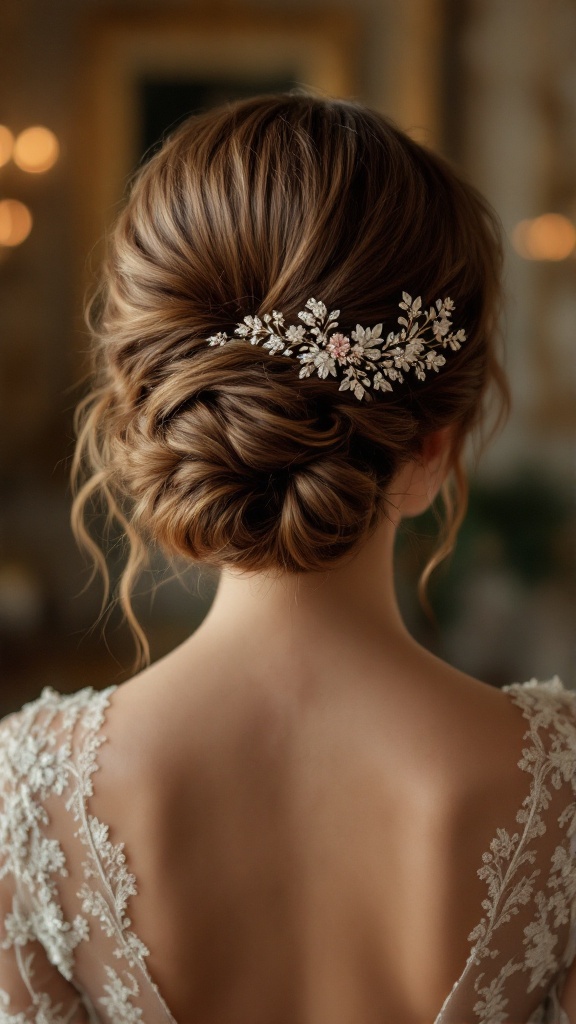 A romantic updo hairstyle with a vintage hair comb, showcasing an elegant look.