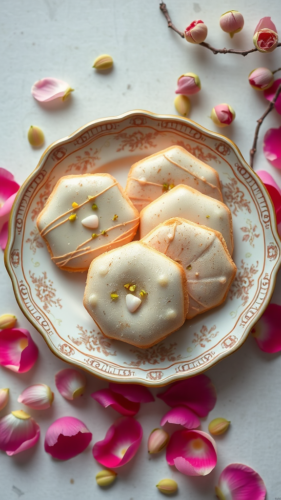 A plate of rosewater and pistachio cookies surrounded by flower petals.