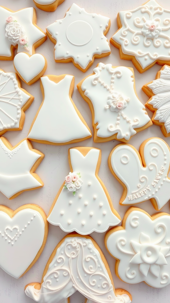 Decorated sugar cookies for a wedding featuring various shapes like dresses, hearts, and flowers.