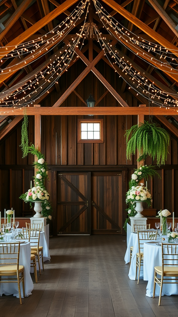 Interior of a rustic barn wedding venue with elegant table settings and decorative floral arrangements.