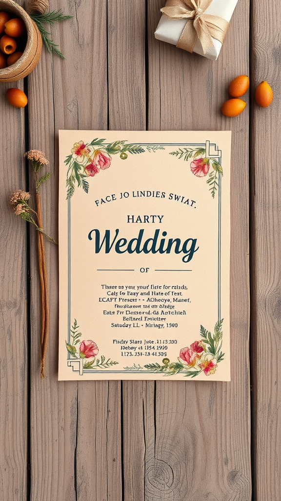 Rustic wedding invitation on wooden table with natural decorations