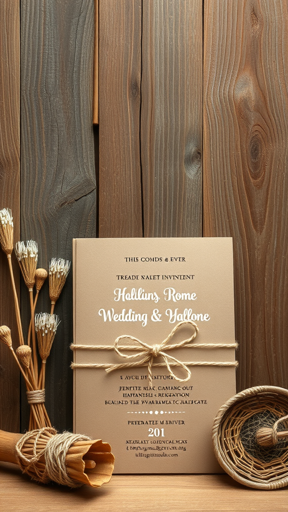 Rustic kraft paper wedding invitation displayed with natural decor.