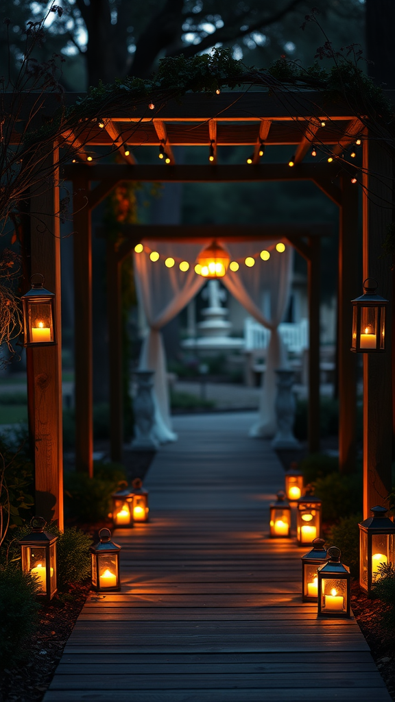 A rustic wedding entrance with lanterns lighting a wooden pathway.