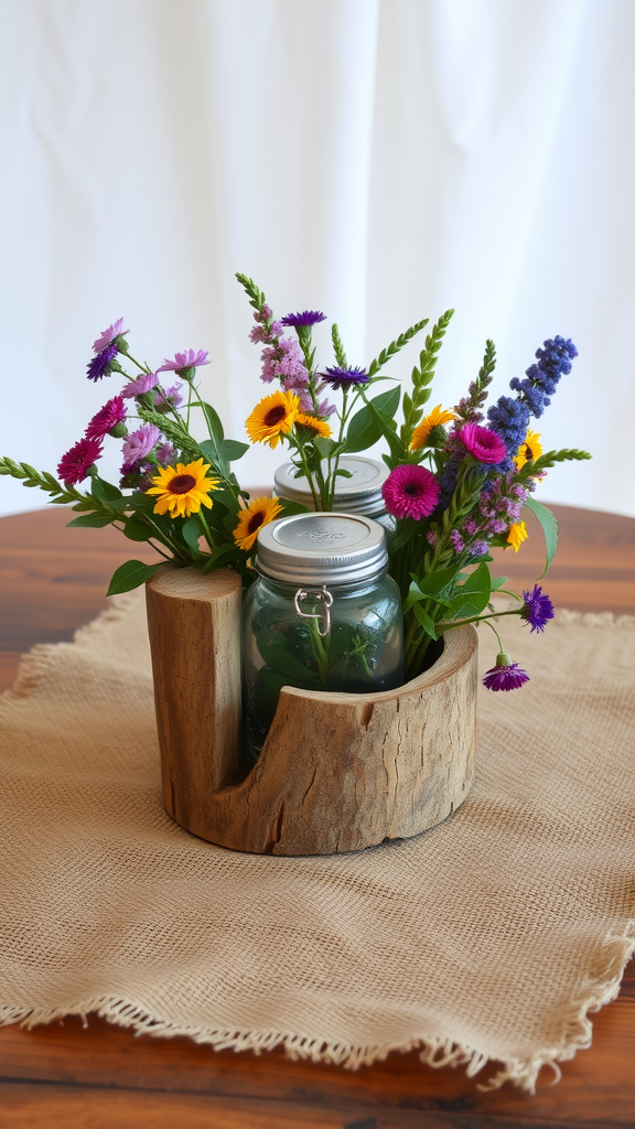 A rustic wooden vase filled with colorful flowers sitting on a burlap table runner.