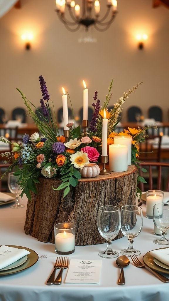 A rustic wedding table centerpiece featuring a wooden stump with flowers and candles.