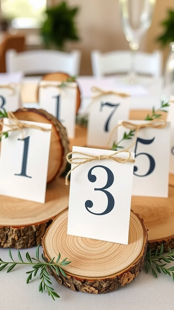 Wood slice table numbers with twine and greenery for rustic wedding decor.