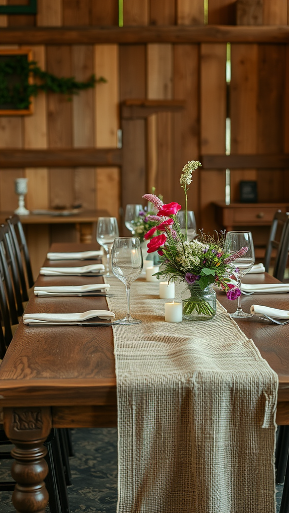 Wedding table decoration with rustic wooden accents and flower arrangements