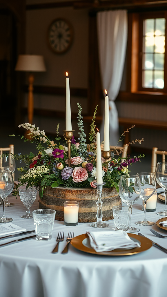 A rustic wooden centerpiece with flowers and candles on a wedding table