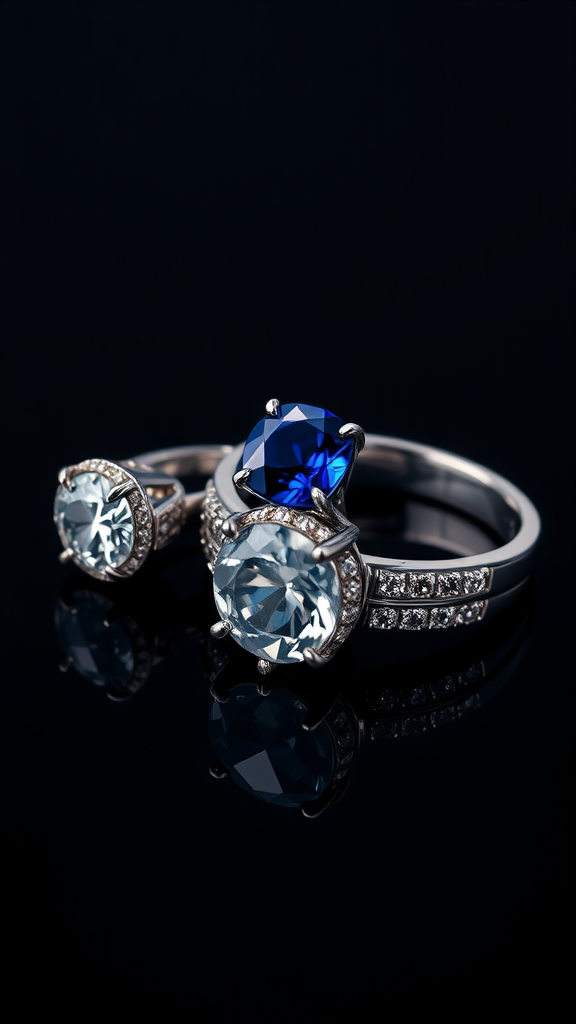 A close-up of sapphire and diamond rings, showcasing their beauty and elegance.