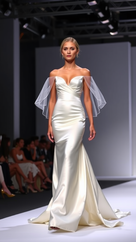 Fashion show featuring models in satin wedding dresses