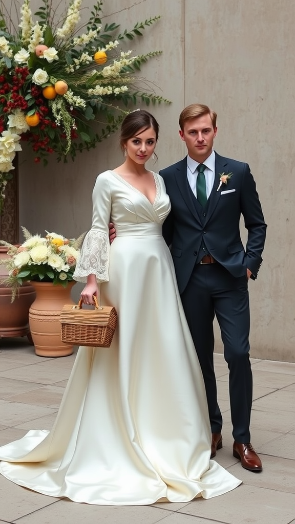 A bride in a satin wedding dress standing next to a groom, surrounded by floral decorations.