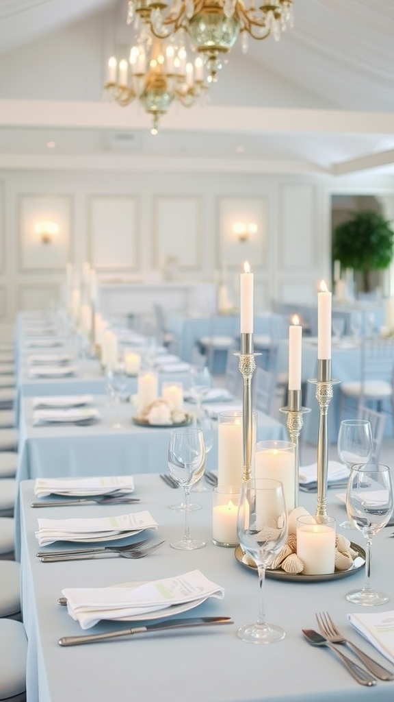 Elegant wedding reception table with seashell centerpieces and candles.