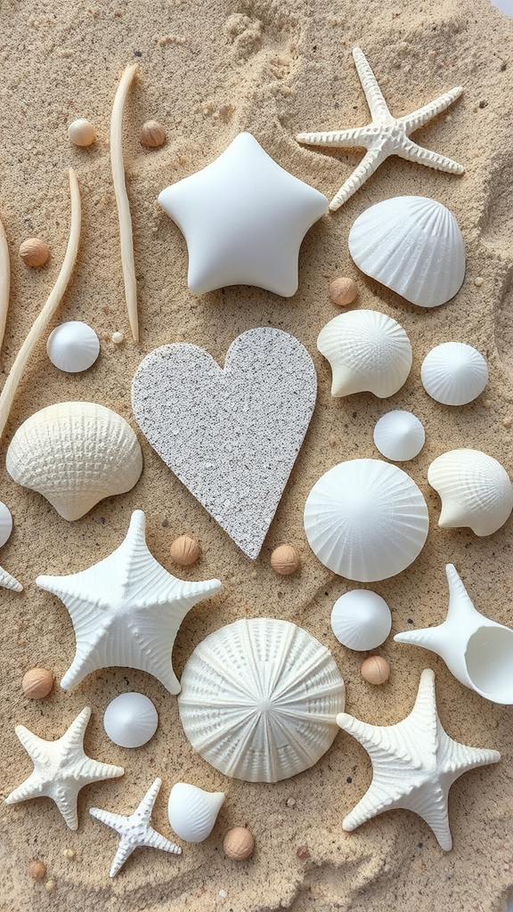 Decorative white seashells, starfish, and sand on a beach