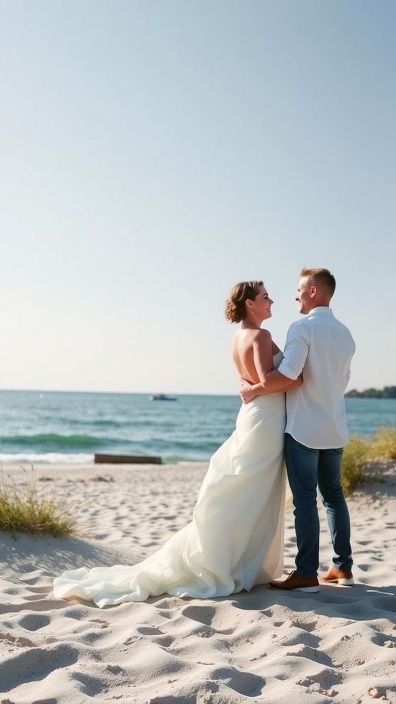 A couple embraces on a sandy beach with the ocean in the background during a Nantucket wedding.