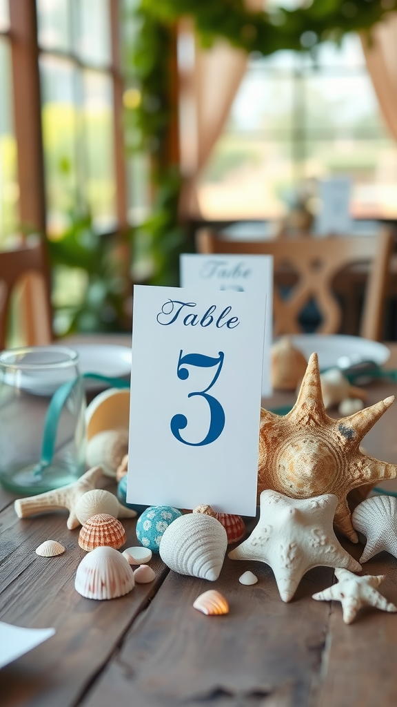 A wedding table number featuring a seashell theme, with a card displaying 'Table 3' surrounded by various shells and natural decorations.