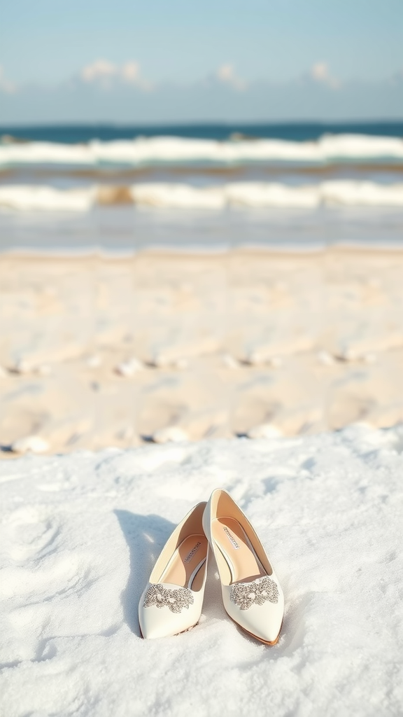 White wedding shoes on the beach with a blue ocean in the background