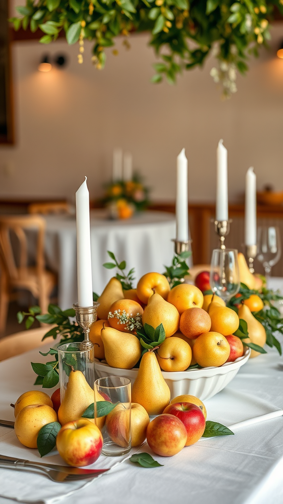 A wedding table decorated with a bowl of apples and pears, surrounded by candles in glass holders.