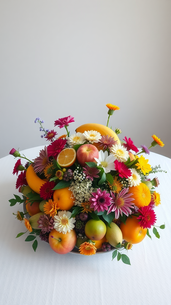 A vibrant fruit and flower centerpiece featuring apples, oranges, and daisies.