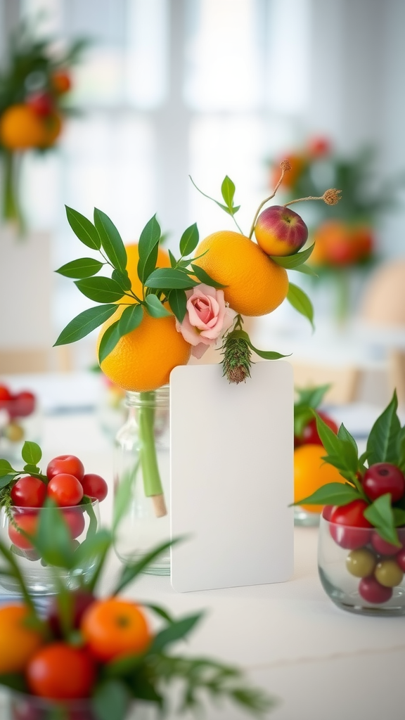 Colorful floral arrangement featuring oranges and small decorative elements for wedding table numbers