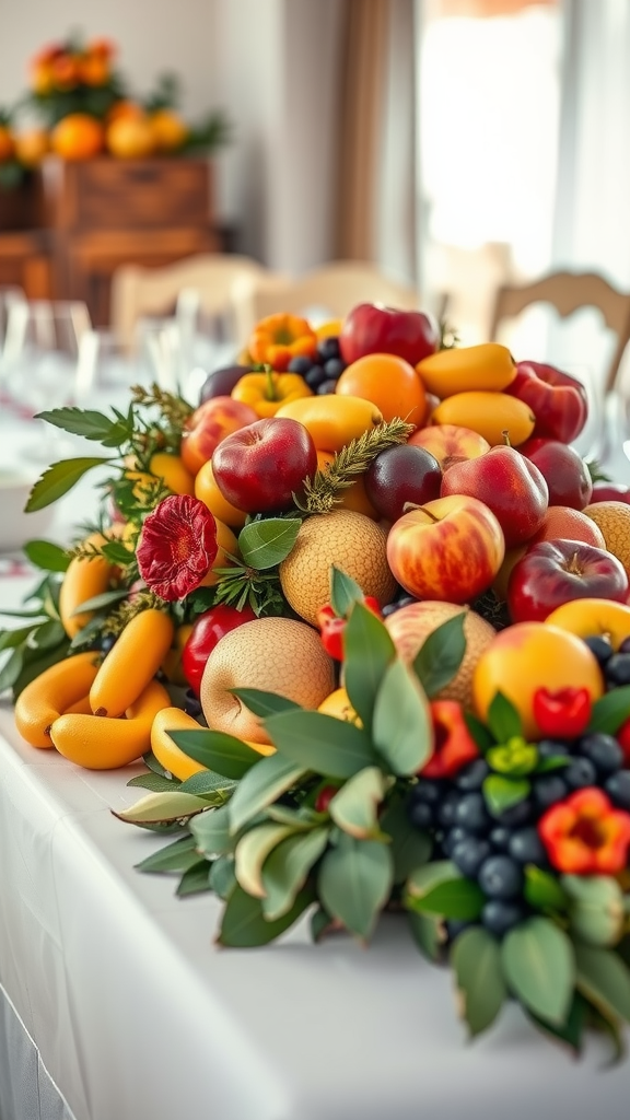A vibrant display of seasonal fruits arranged on a wedding table.