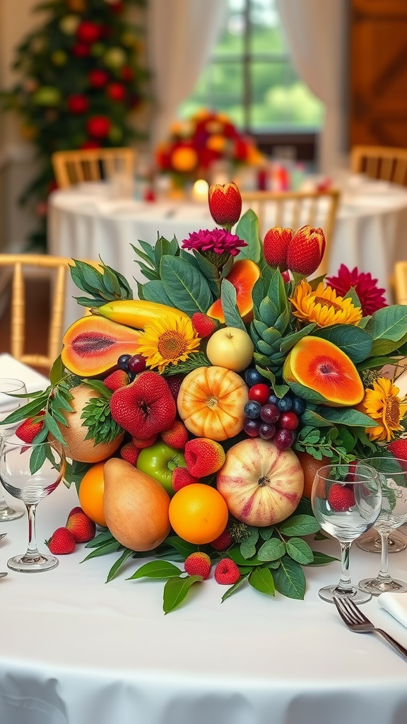 A beautifully arranged fruit display with apples, oranges, pumpkins, grapes, and sunflowers as a centerpiece on a wedding table.