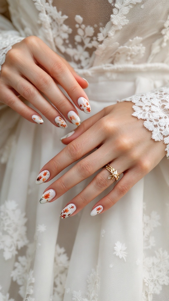Bridal hands with autumn-themed floral nail design, showcasing warm colors and elegant details.