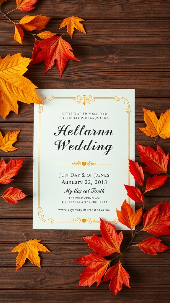 A wedding invitation styled with autumn leaves and a warm color theme.