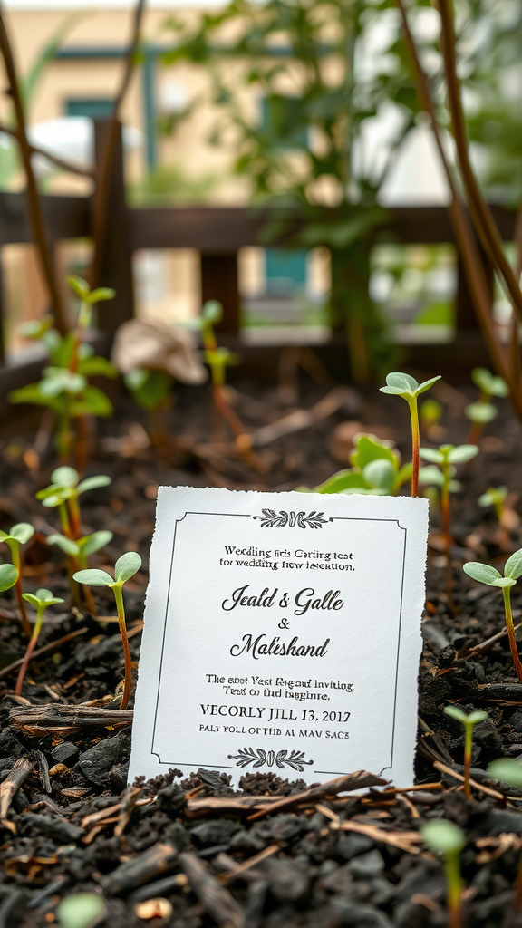 A seed paper wedding invitation placed in soil with small plants growing around it.