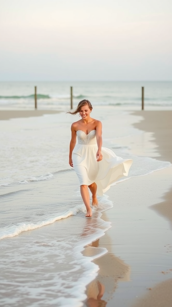 Woman in a white beach wedding dress walking along the shore.