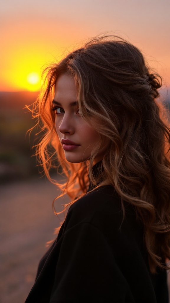 A woman with side-swept romantic hairstyle against a sunset backdrop.