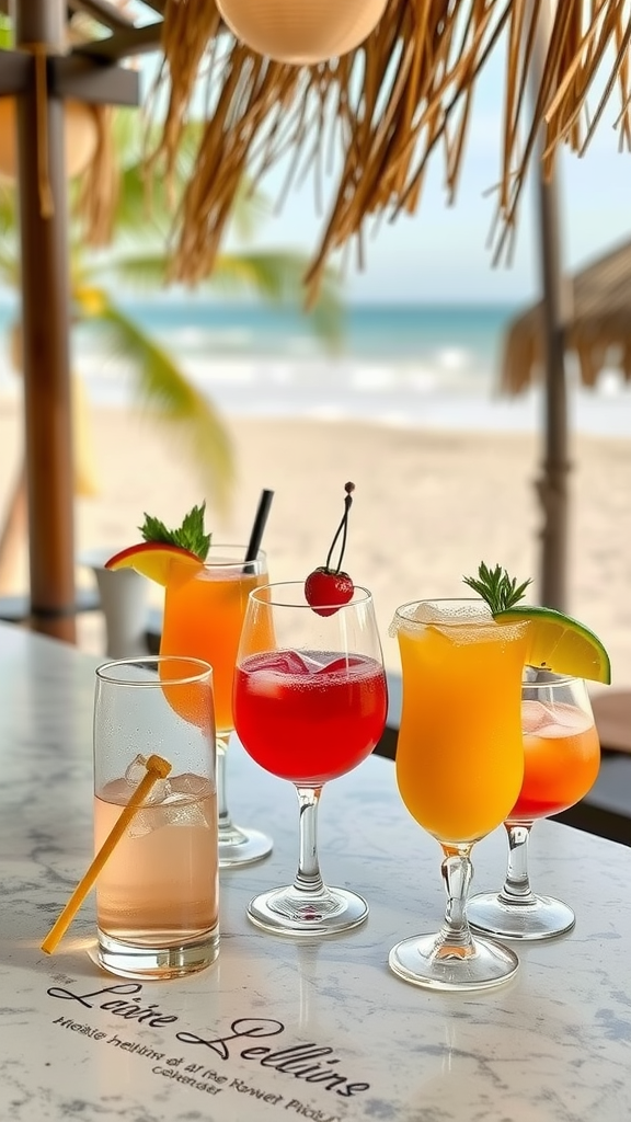 A selection of colorful cocktails on a marble table with a beach view.