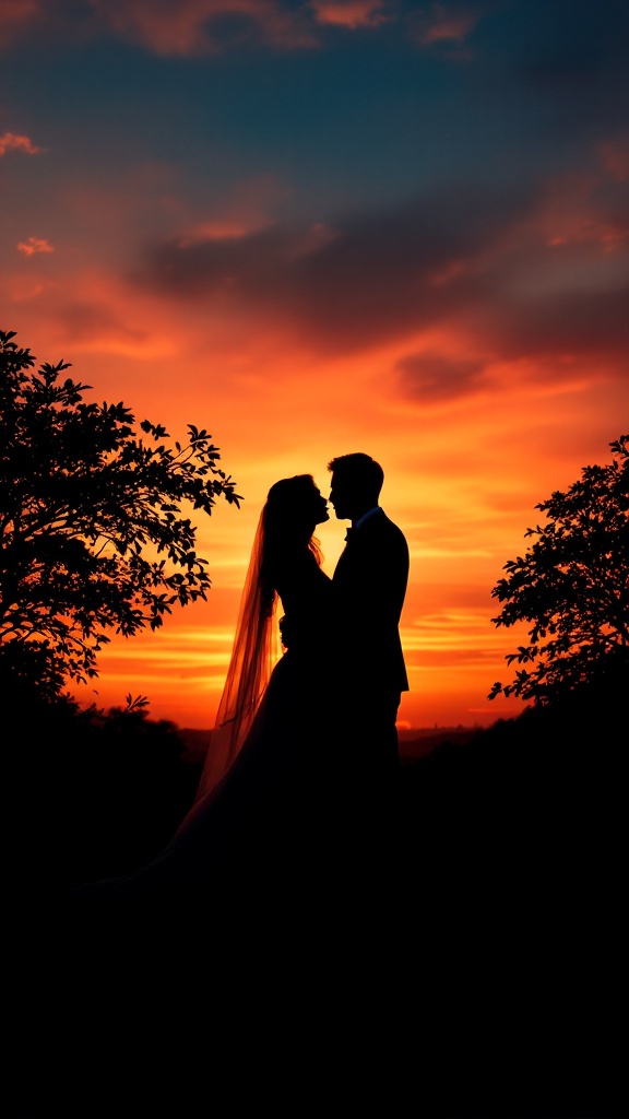A wedding couple silhouetted against a colorful sunset sky, framed by trees.