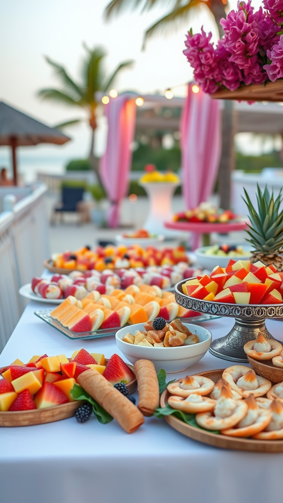 A vibrant spread of colorful fruits and pastries on a table at a beach wedding.