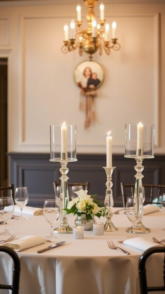 Wedding table decor featuring candlestick holders and floral arrangements.