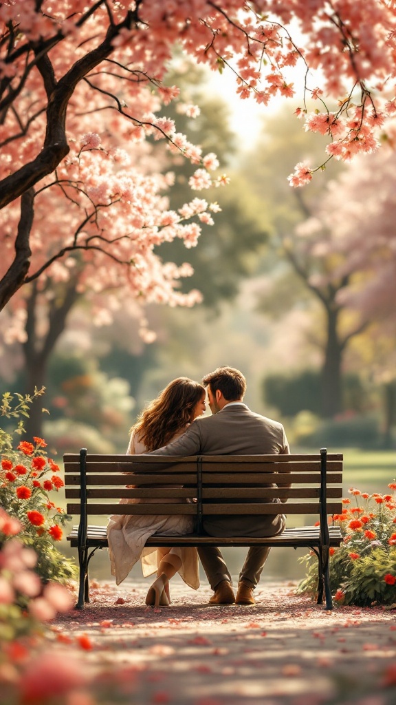 A wedding couple sitting closely on a vintage bench surrounded by flowers and trees.
