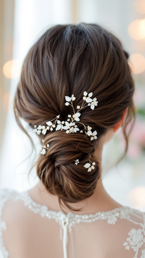 A sleek half-up ponytail adorned with decorative hairpins.