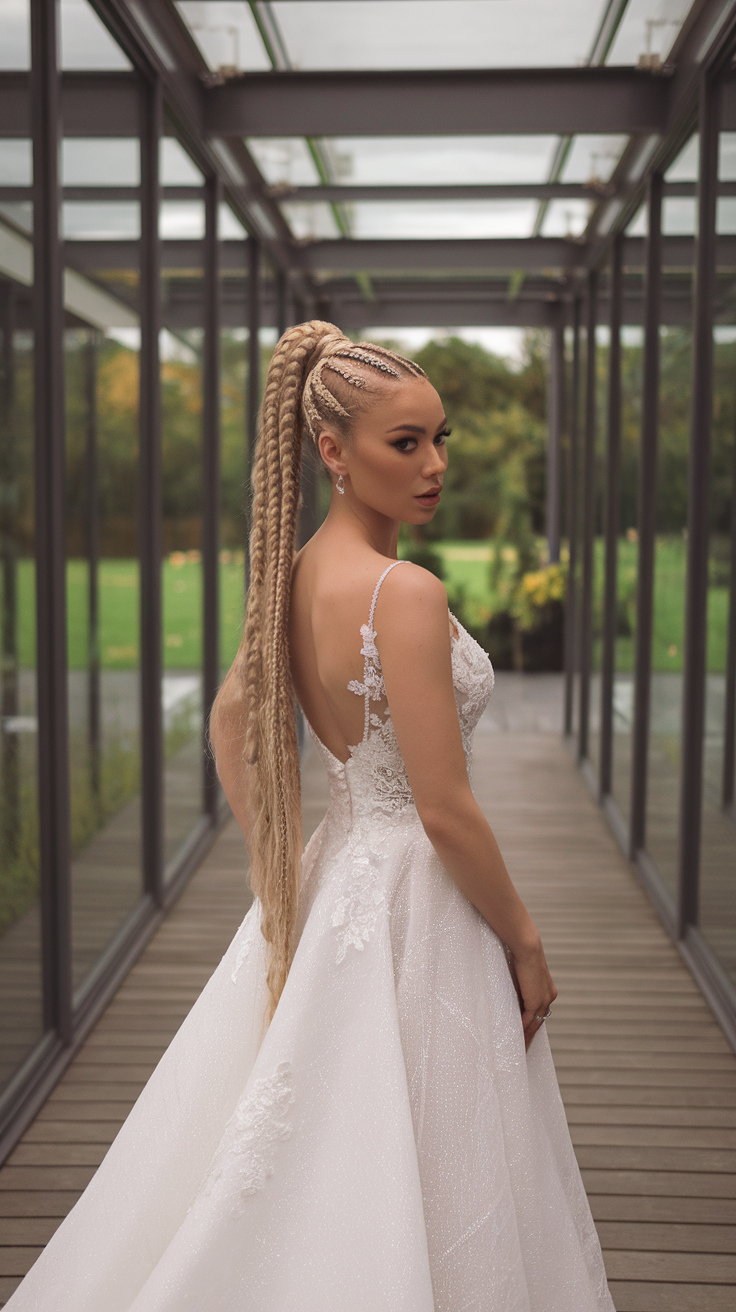 Bride with a sleek high ponytail featuring braided details, wearing a beautiful wedding dress.