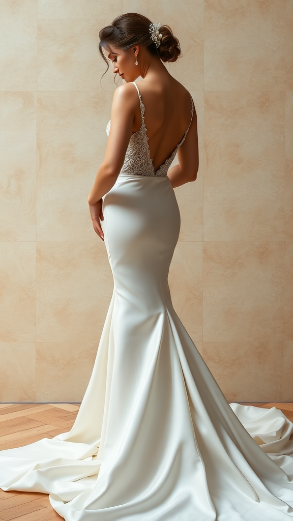 A sleek satin mermaid wedding dress displayed elegantly on a chaise lounge.