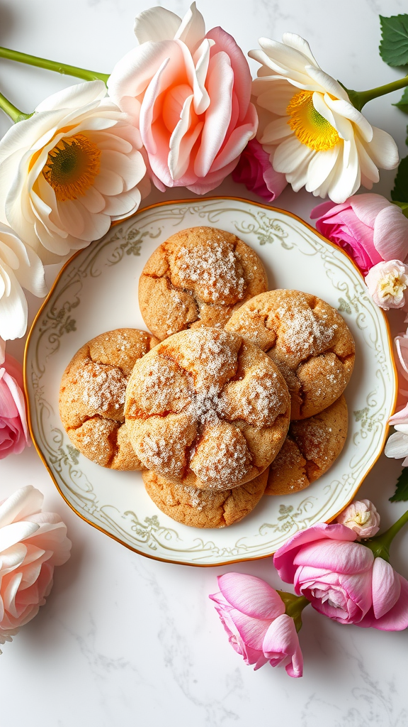 A plate of freshly baked snickerdoodle cookies decorated with cinnamon sugar and surrounded by colorful flowers.
