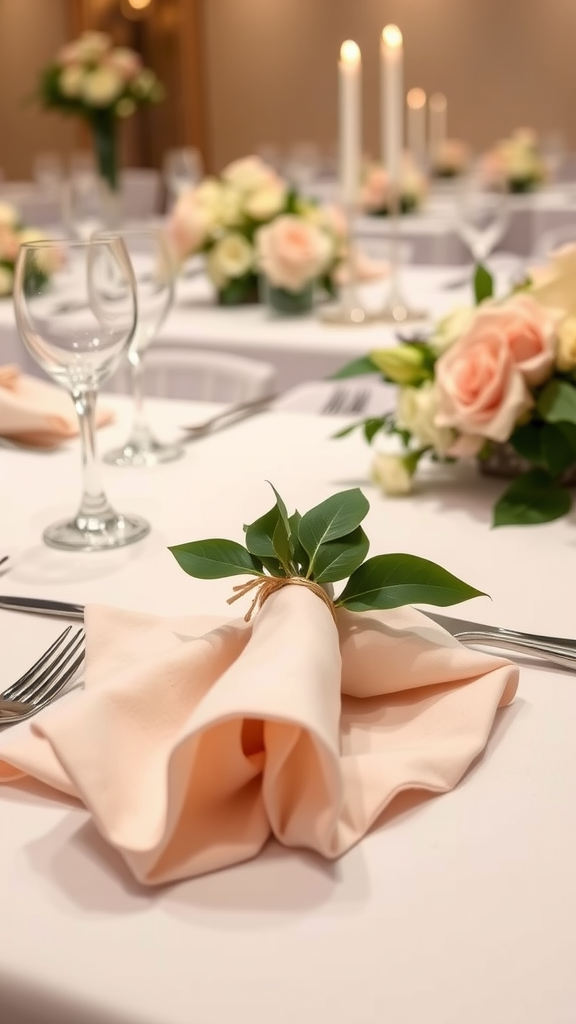 Elegant wedding table setting with soft pink napkin folds and greenery.